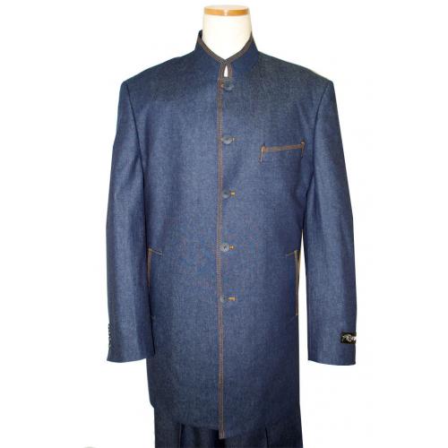 Il Canto Blue Banded Collar Triple Cognac Hand-Pick Stitching 100% Cotton Denim Suit 8313